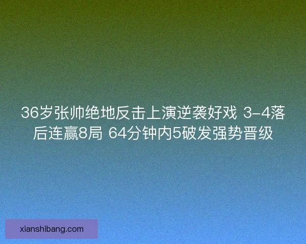 36岁张帅绝地反击上演逆袭好戏 3-4落后连赢8局 64分钟内5破发强势晋级 36岁张帅绝地反击上演逆袭好戏 3-4落后连赢8局 64分钟内5破发强势晋级